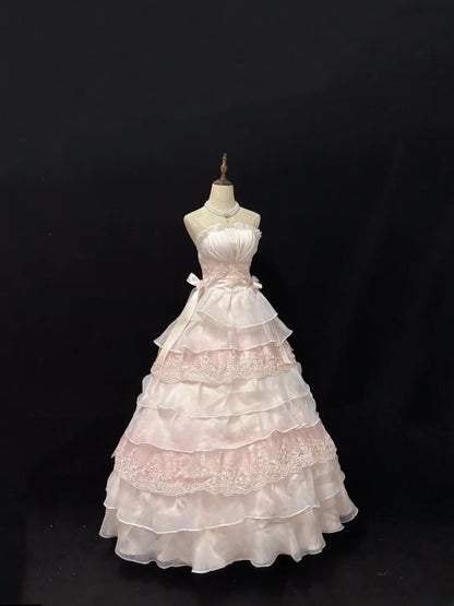 Elegant Ball Gowns Strapless Pink Poofy Long With Tiered Layers Quince Dress Sweet 16 inspo Quinceanera Dresses Vestidos De 15 anos RB7649