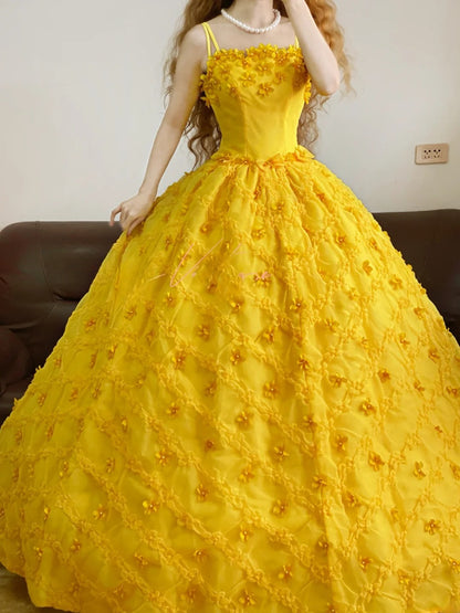 Quinceanera Dress Spaghetti Straps Yellow With Flowers Ball Gown Sweet 15 Gown RB9169