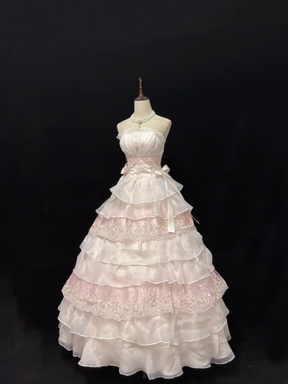 Elegant Ball Gowns Strapless Pink Poofy Long With Tiered Layers Quince Dress Sweet 16 inspo Quinceanera Dresses Vestidos De 15 anos RB7649