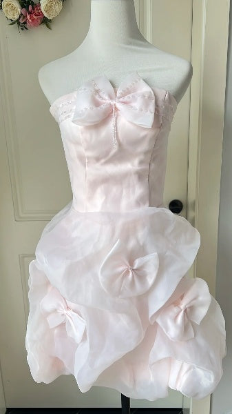 Pink Hoco Dress Ball Gown Strapless Organza Short Homecoming 17th Birthday Party Dress RC0587
