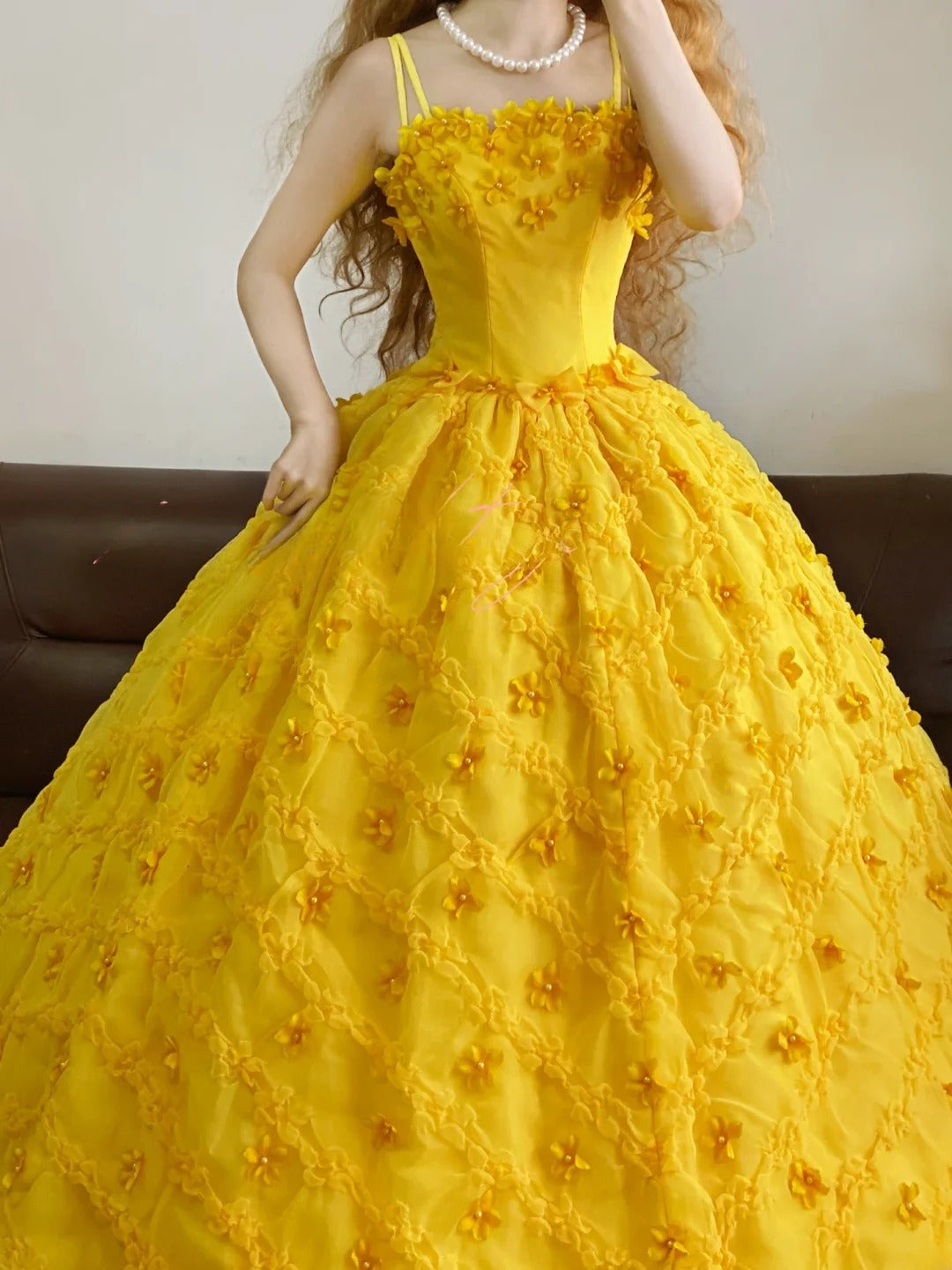 Quinceanera Dress Spaghetti Straps Yellow With Flowers Ball Gown Sweet 15 Gown RB9169
