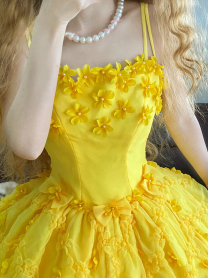 Quinceanera Dress Spaghetti Straps Yellow With Flowers Ball Gown Sweet 15 Gown RB9169