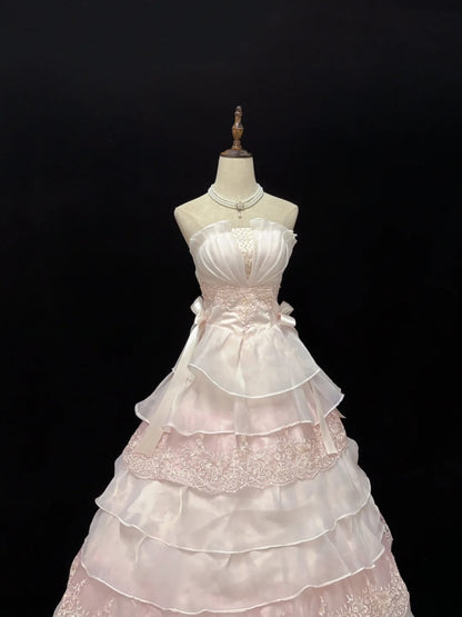 Elegant Ball Gowns Strapless Pink Poofy Long With Tiered Layers Quince Dress Sweet 16 inspo Quinceanera Dresses Vestidos De 15 anos RB7649