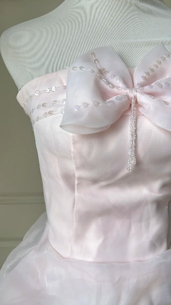 Pink Hoco Dress Ball Gown Strapless Organza Short Homecoming 17th Birthday Party Dress RC0587