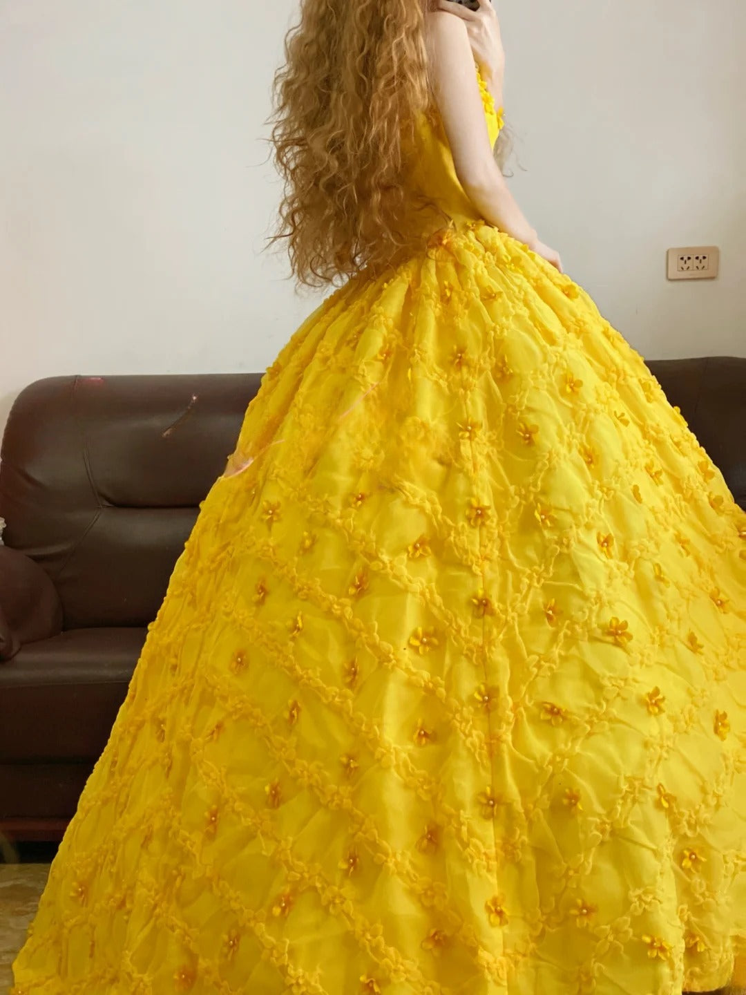 Quinceanera Dress Spaghetti Straps Yellow With Flowers Ball Gown Sweet 15 Gown RB9169