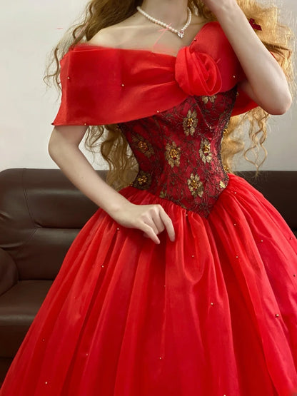 Quinceanera Dress Off Shoulder With Sleeves Red Ball Gown Sweet 15 Gown RB9166
