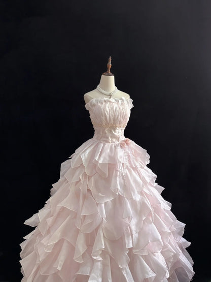 Classy Ball Gowns Strapless Pink Poofy Long With Tiered Layers Quince Dress Sweet 16 inspo Quinceanera Dresses Vestidos De 15 anos RB7650