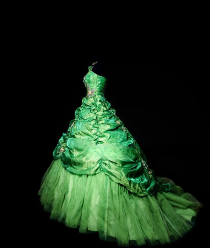 Modest Ball Gown One Shoulder Green Tulle Long Quinceanera Dresses With Tiered For Sweet 15 15 Anos Celebration Birthday Formal Gown RB8892