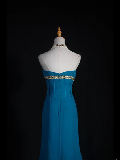 Vintage Mermaid Strapless Blue Chiffon Long Formal Old 1950s Prom Dresses Night Outfits Party Gowns AS251