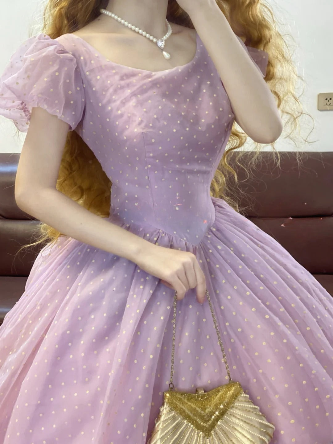 Quinceanera Dress Square Neck Lilac Polks Dots With Sleeves Ball Gown Sweet 15 Gown RB9167
