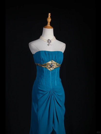 Vintage Mermaid Strapless Blue Chiffon Long Formal Old 1950s Prom Dresses Night Outfits Party Gowns AS251