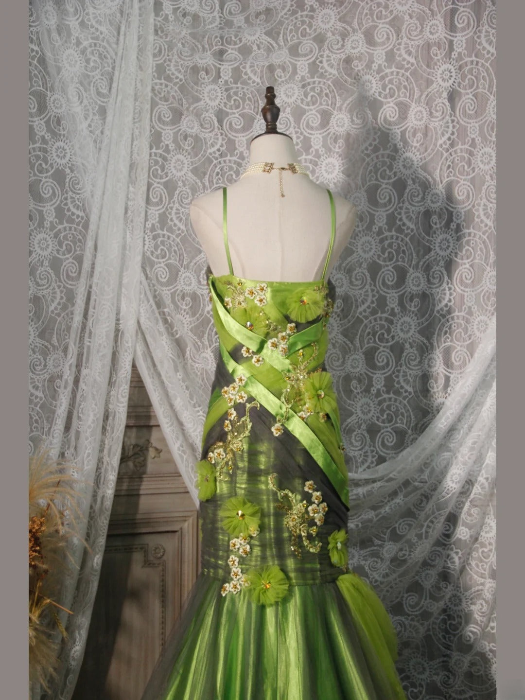 Classy Prom Dresses 1950s Mermaid Spaghetti Straps Green Tulle Long Parties Gowns Evening Dress AS252