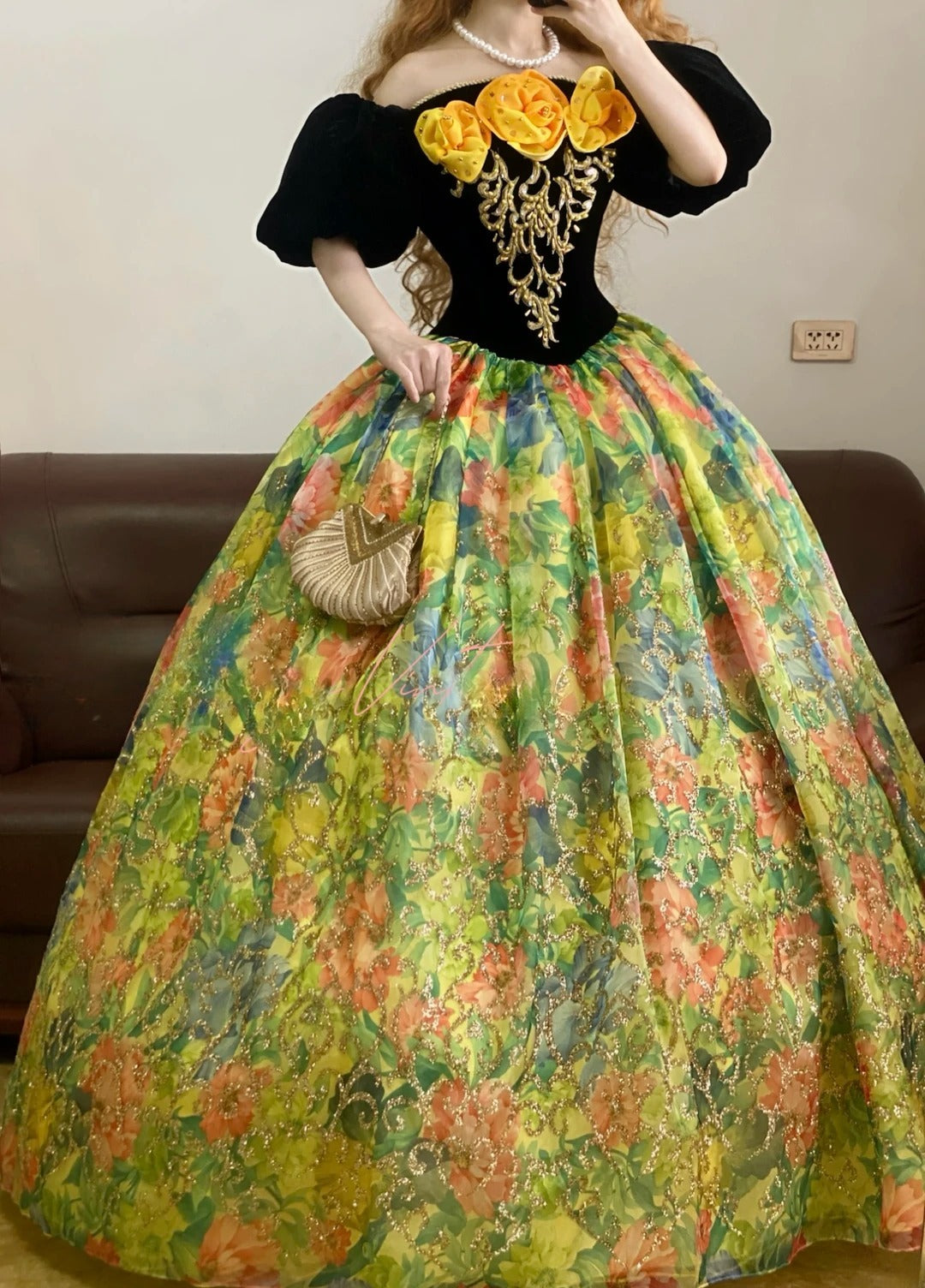 Quinceanera Dress Off The Shoulder Black Velvet With Sleeves Flowers Ball Gown Sweet 15 Gown RB9168