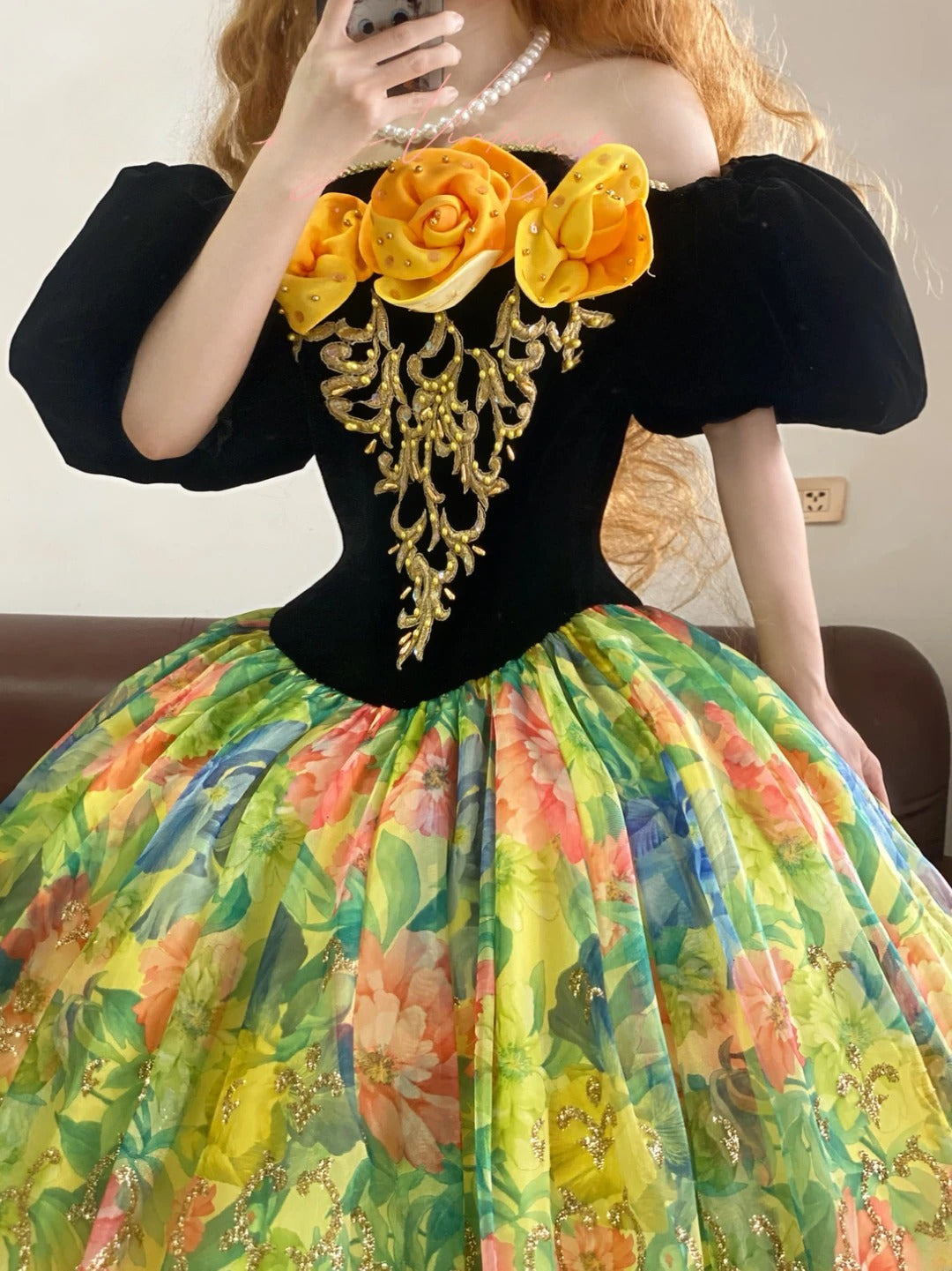 Quinceanera Dress Off The Shoulder Black Velvet With Sleeves Flowers Ball Gown Sweet 15 Gown RB9168