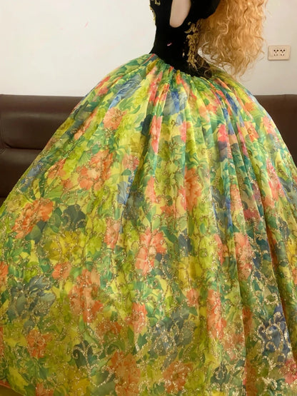 Quinceanera Dress Off The Shoulder Black Velvet With Sleeves Flowers Ball Gown Sweet 15 Gown RB9168