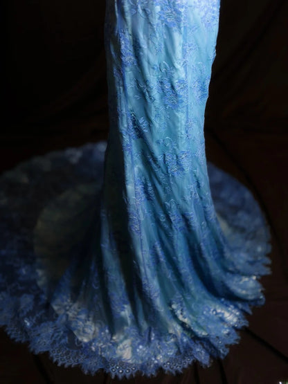 Vintage 90s Prom Dresses Mermaid V Neckline Blue Lace With Beading Party Gown Formal Outfits RB6104