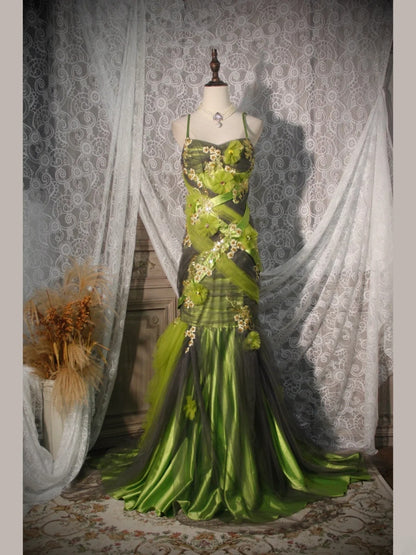 Classy Prom Dresses 1950s Mermaid Spaghetti Straps Green Tulle Long Parties Gowns Evening Dress AS252