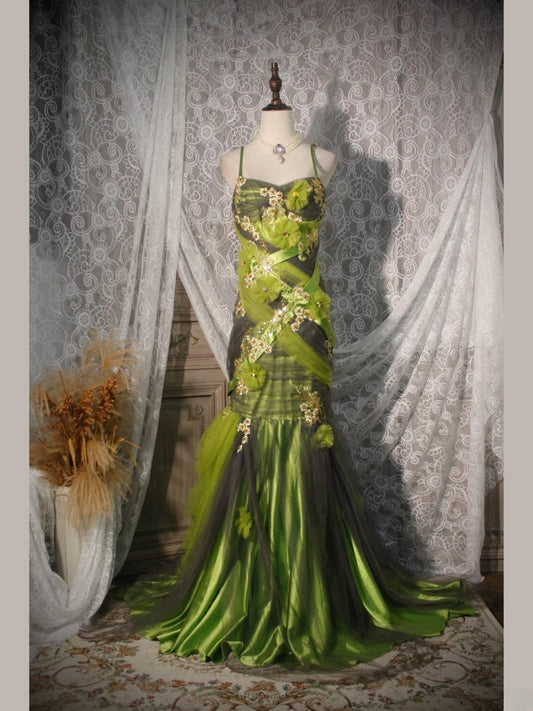 Classy Prom Dresses 1950s Mermaid Spaghetti Straps Green Tulle Long Parties Gowns Evening Dress AS252