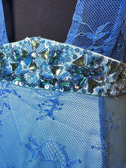 Vintage 90s Prom Dresses Mermaid V Neckline Blue Lace With Beading Party Gown Formal Outfits RB6104