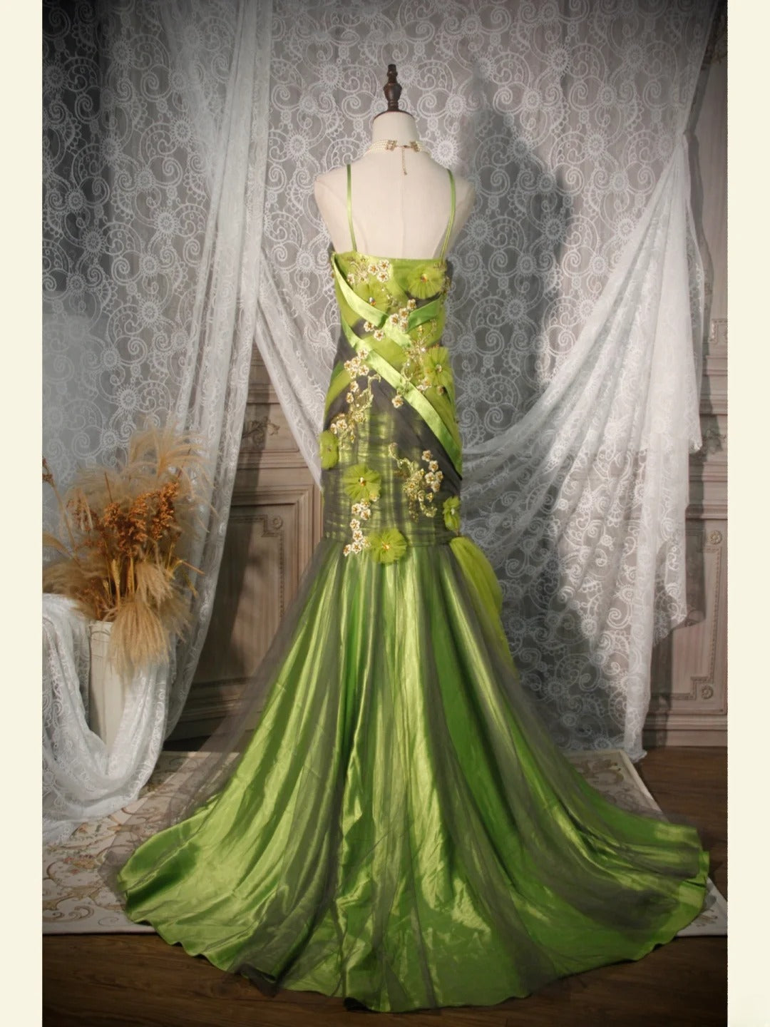 Classy Prom Dresses 1950s Mermaid Spaghetti Straps Green Tulle Long Parties Gowns Evening Dress AS252