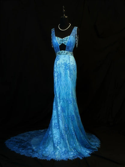 Vintage 90s Prom Dresses Mermaid V Neckline Blue Lace With Beading Party Gown Formal Outfits RB6104