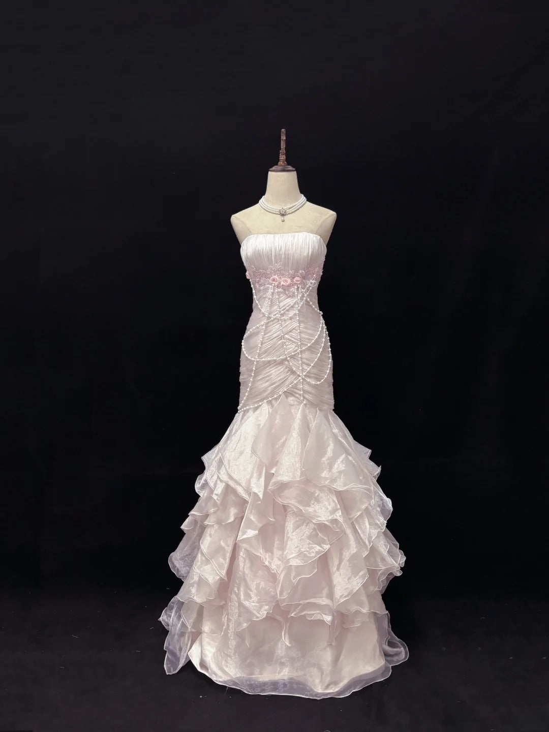 Modest Mermaid Strapless Pink With 3D Flowers Pearls Long Prom Dress Formal Outfits Evening Night Dresses RB7653