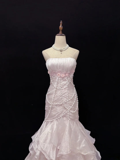 Modest Mermaid Strapless Pink With 3D Flowers Pearls Long Prom Dress Formal Outfits Evening Night Dresses RB7653