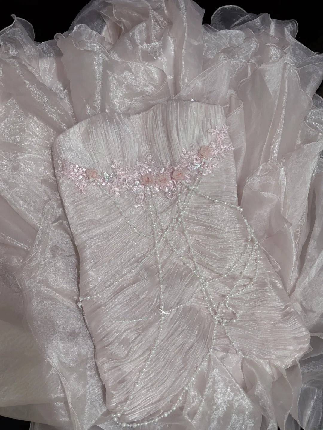 Modest Mermaid Strapless Pink With 3D Flowers Pearls Long Prom Dress Formal Outfits Evening Night Dresses RB7653