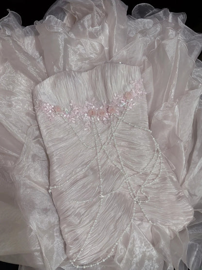 Modest Mermaid Strapless Pink With 3D Flowers Pearls Long Prom Dress Formal Outfits Evening Night Dresses RB7653