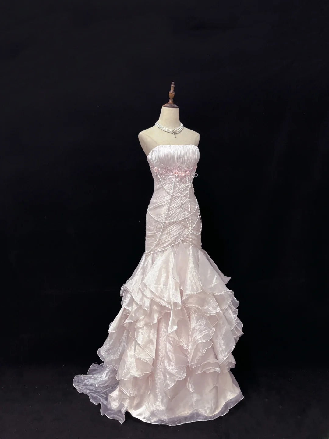 Modest Mermaid Strapless Pink With 3D Flowers Pearls Long Prom Dress Formal Outfits Evening Night Dresses RB7653