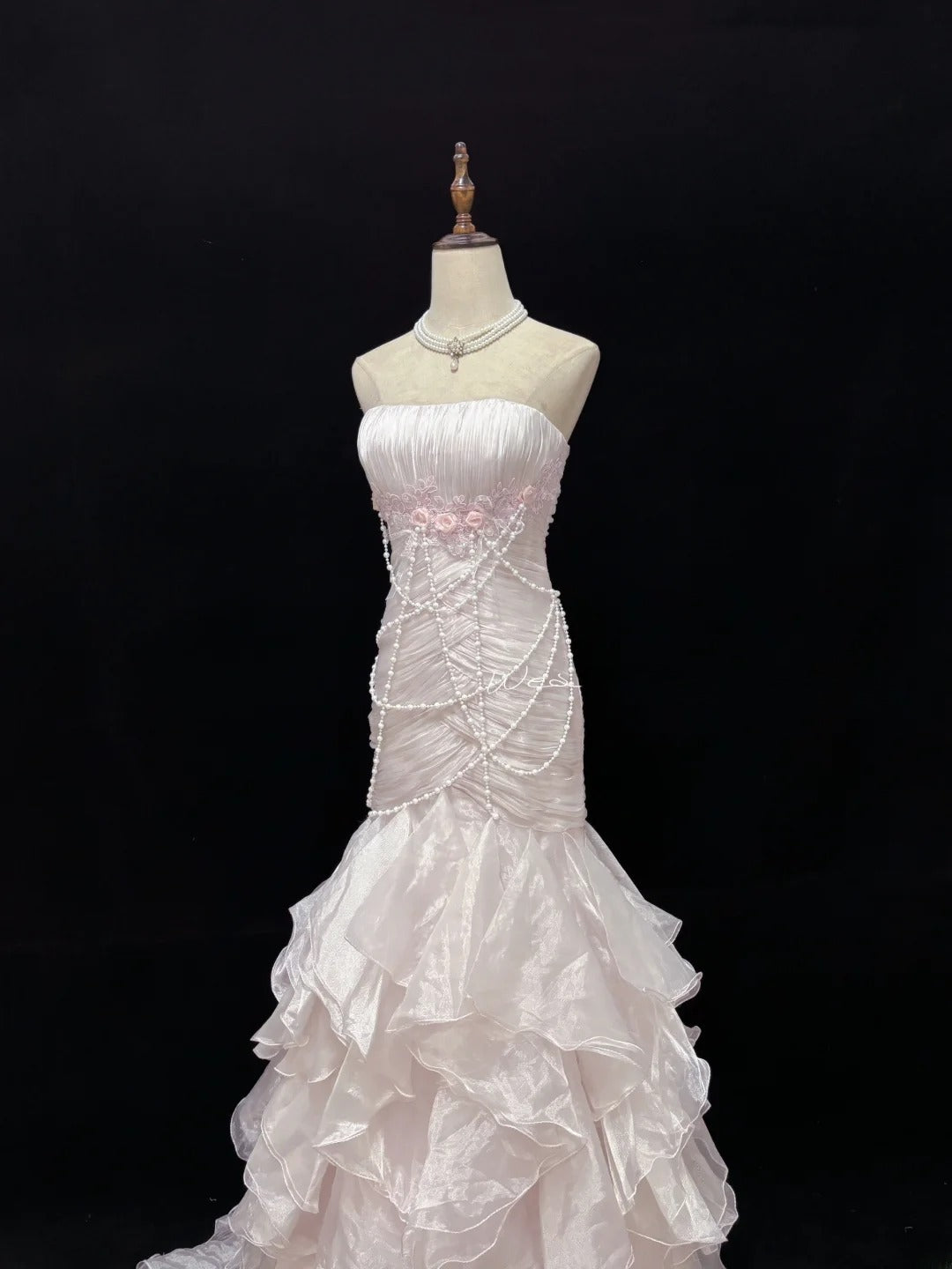 Modest Mermaid Strapless Pink With 3D Flowers Pearls Long Prom Dress Formal Outfits Evening Night Dresses RB7653