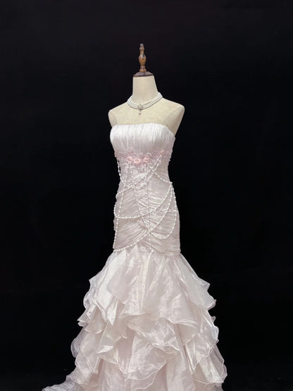 Modest Mermaid Strapless Pink With 3D Flowers Pearls Long Prom Dress Formal Outfits Evening Night Dresses RB7653