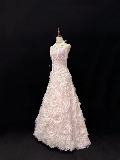 Modest Mermaid Sweetheart Pink With 3D Flowers Long Prom Dress Formal Outfits Evening Night Dresses RB7654