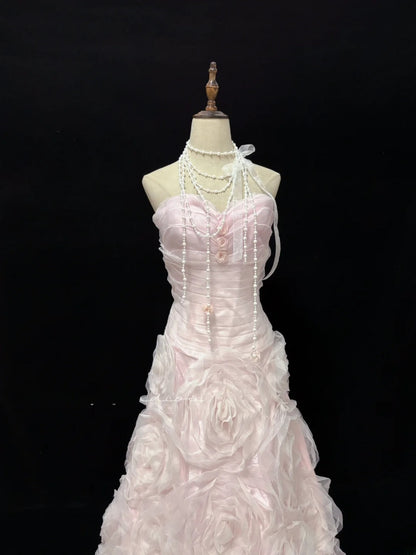 Modest Mermaid Sweetheart Pink With 3D Flowers Long Prom Dress Formal Outfits Evening Night Dresses RB7654
