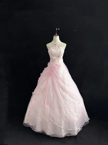 Classy Ball Gowns Strapless Pink Poofy Long With Lace Appliques Quince Dress Sweet 16 inspo Quinceanera Dresses Vestidos De 15 anos RB7655