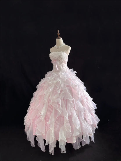 Classy Ball Gowns Strapless Pink Poofy Long With Tiered Layers Quince Dress Sweet 16 inspo Quinceanera Dresses Vestidos De 15 anos RB7656