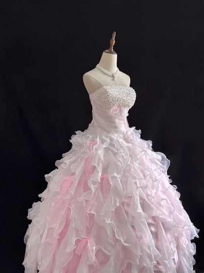 Classy Ball Gowns Strapless Pink Poofy Long With Tiered Layers Quince Dress Sweet 16 inspo Quinceanera Dresses Vestidos De 15 anos RB7656