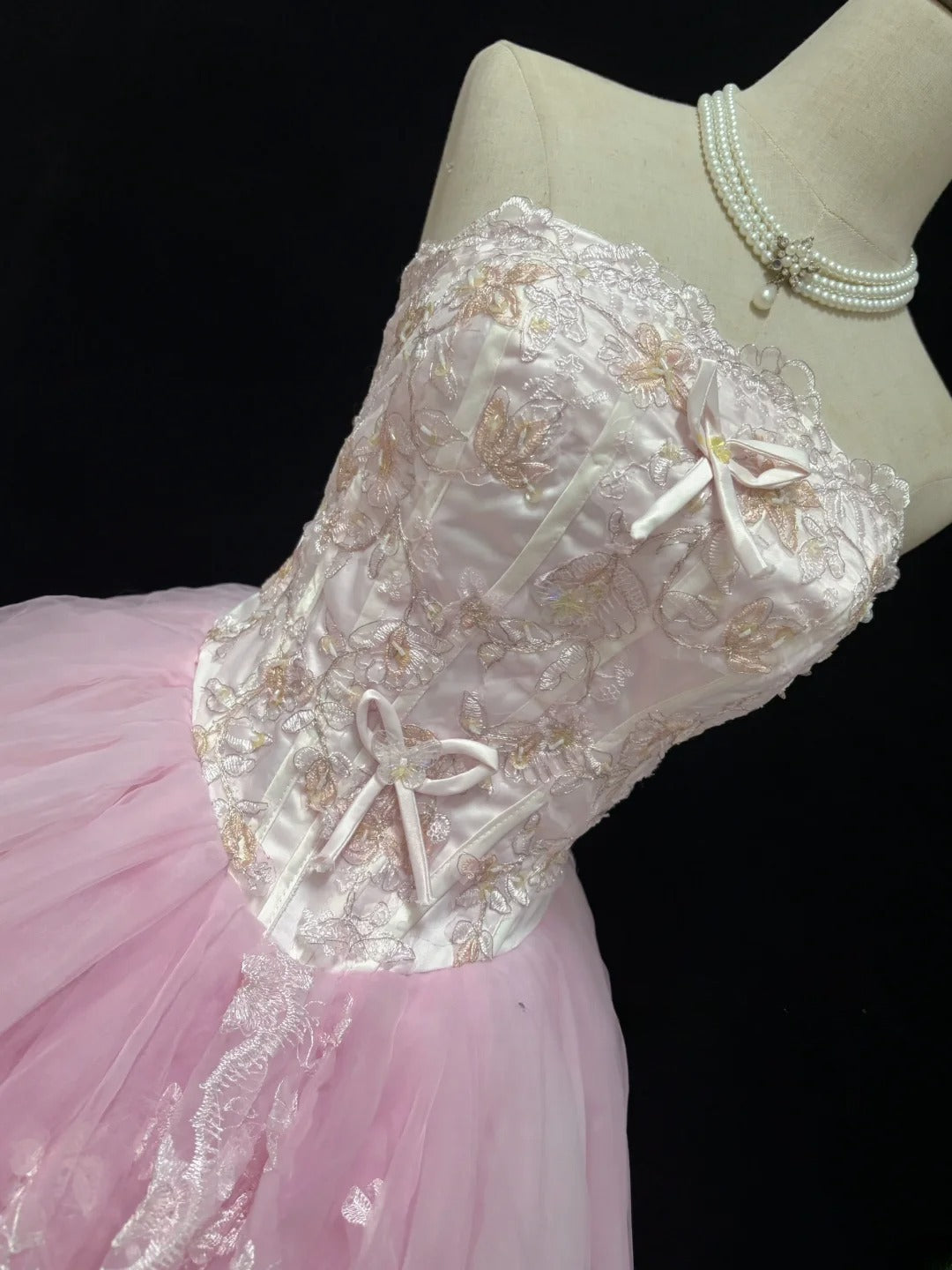 Classy Ball Gowns Strapless Pink Poofy Long With Appliued Lace Quince Dress Sweet 16 inspo Quinceanera Dresses Vestidos De 15 anos RB7657
