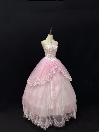 Classy Ball Gowns Strapless Pink Poofy Long With Appliued Lace Quince Dress Sweet 16 inspo Quinceanera Dresses Vestidos De 15 anos RB7657