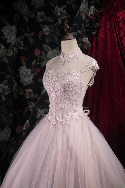 Sophisticated Ball Gown High Neck Pink Tulle Long With Sleeves Quince Dress Impress Party Gowns Sweet 16 Outfits RB8516