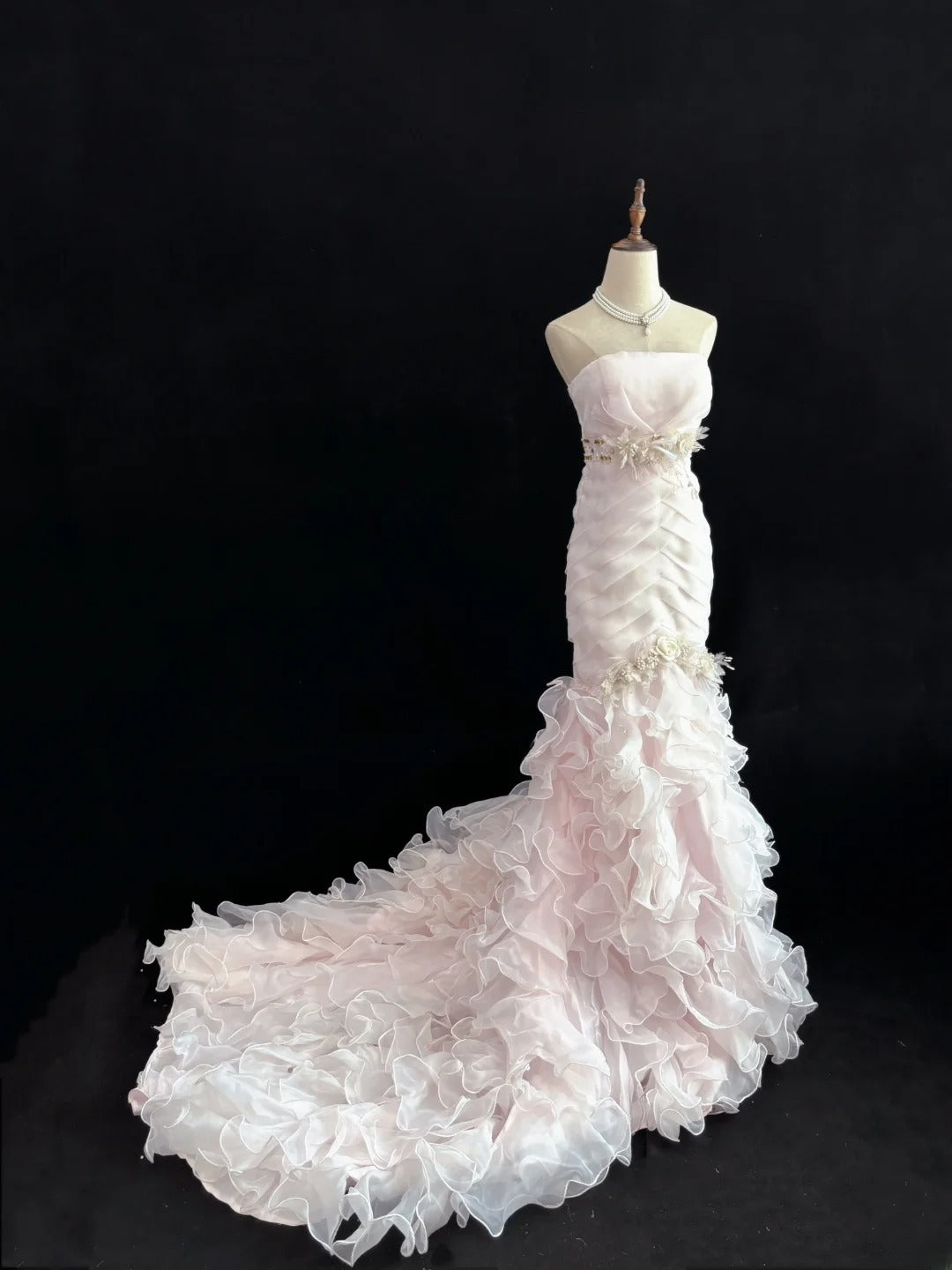 Modest Mermaid Strapless Pink With 3D Flowers Tiered Long Prom Dress Formal Outfits Evening Night Dresses RB7658