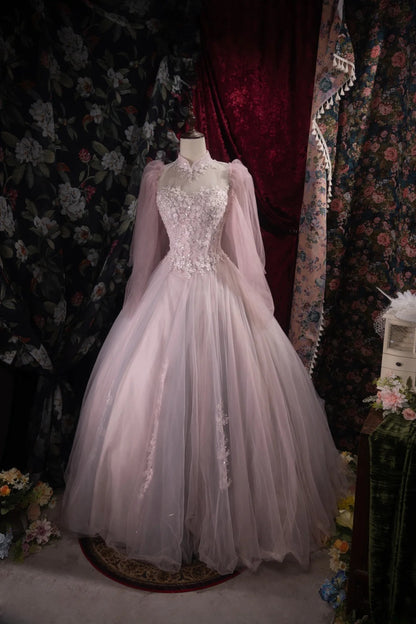 Sophisticated Ball Gown High Neck Pink Tulle Long With Sleeves Quince Dress Impress Party Gowns Sweet 16 Outfits RB8516