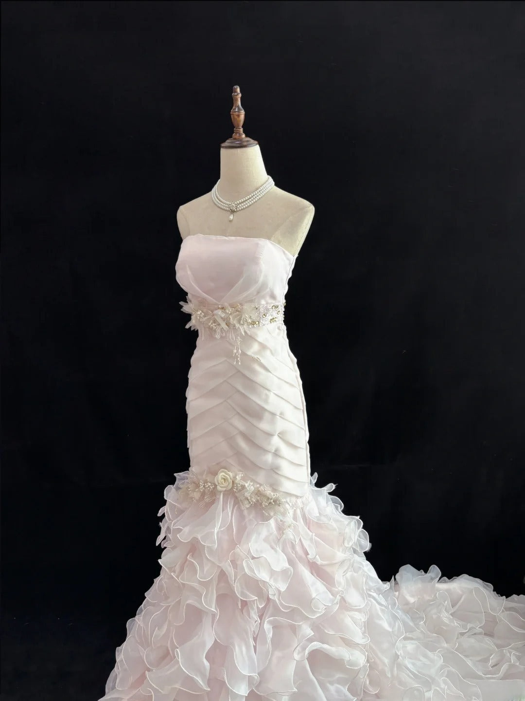 Modest Mermaid Strapless Pink With 3D Flowers Tiered Long Prom Dress Formal Outfits Evening Night Dresses RB7658