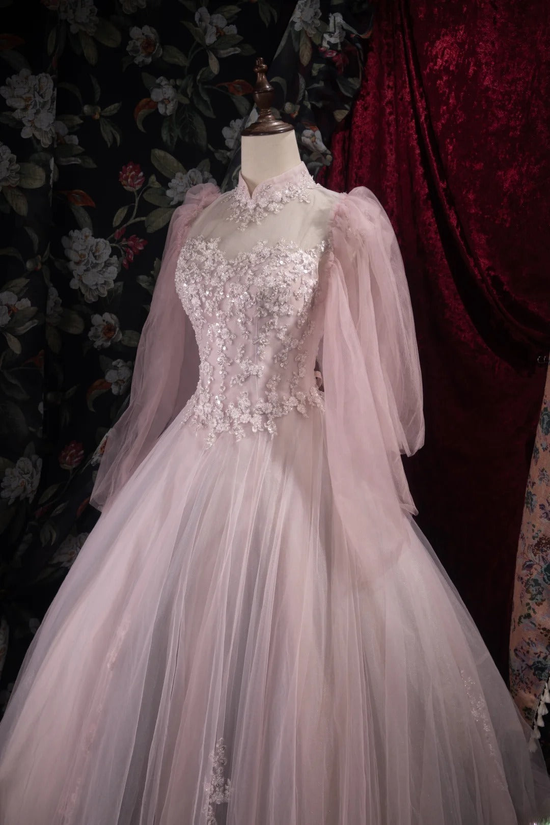 Sophisticated Ball Gown High Neck Pink Tulle Long With Sleeves Quince Dress Impress Party Gowns Sweet 16 Outfits RB8516