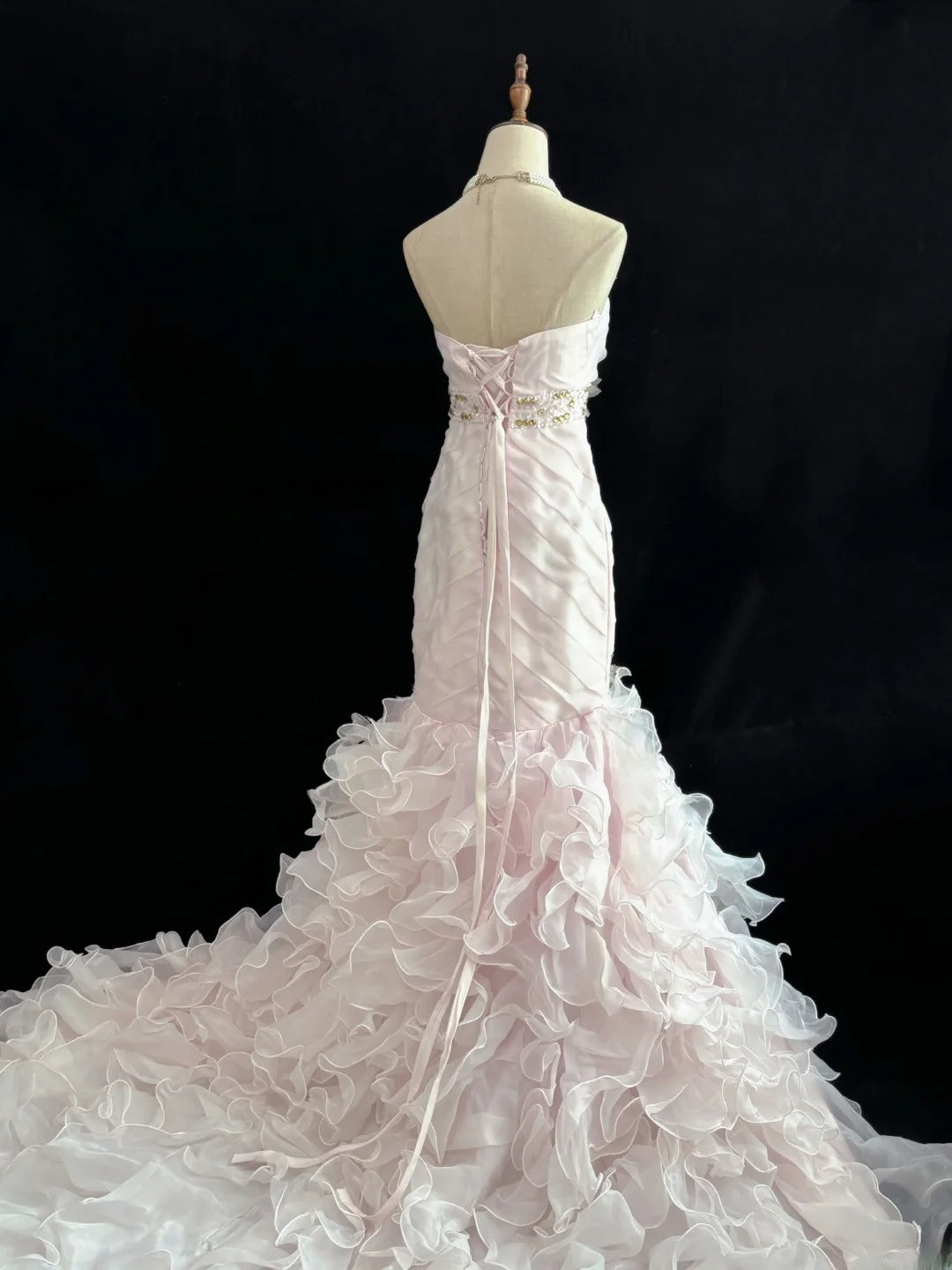 Modest Mermaid Strapless Pink With 3D Flowers Tiered Long Prom Dress Formal Outfits Evening Night Dresses RB7658