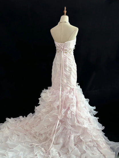 Modest Mermaid Strapless Pink With 3D Flowers Tiered Long Prom Dress Formal Outfits Evening Night Dresses RB7658