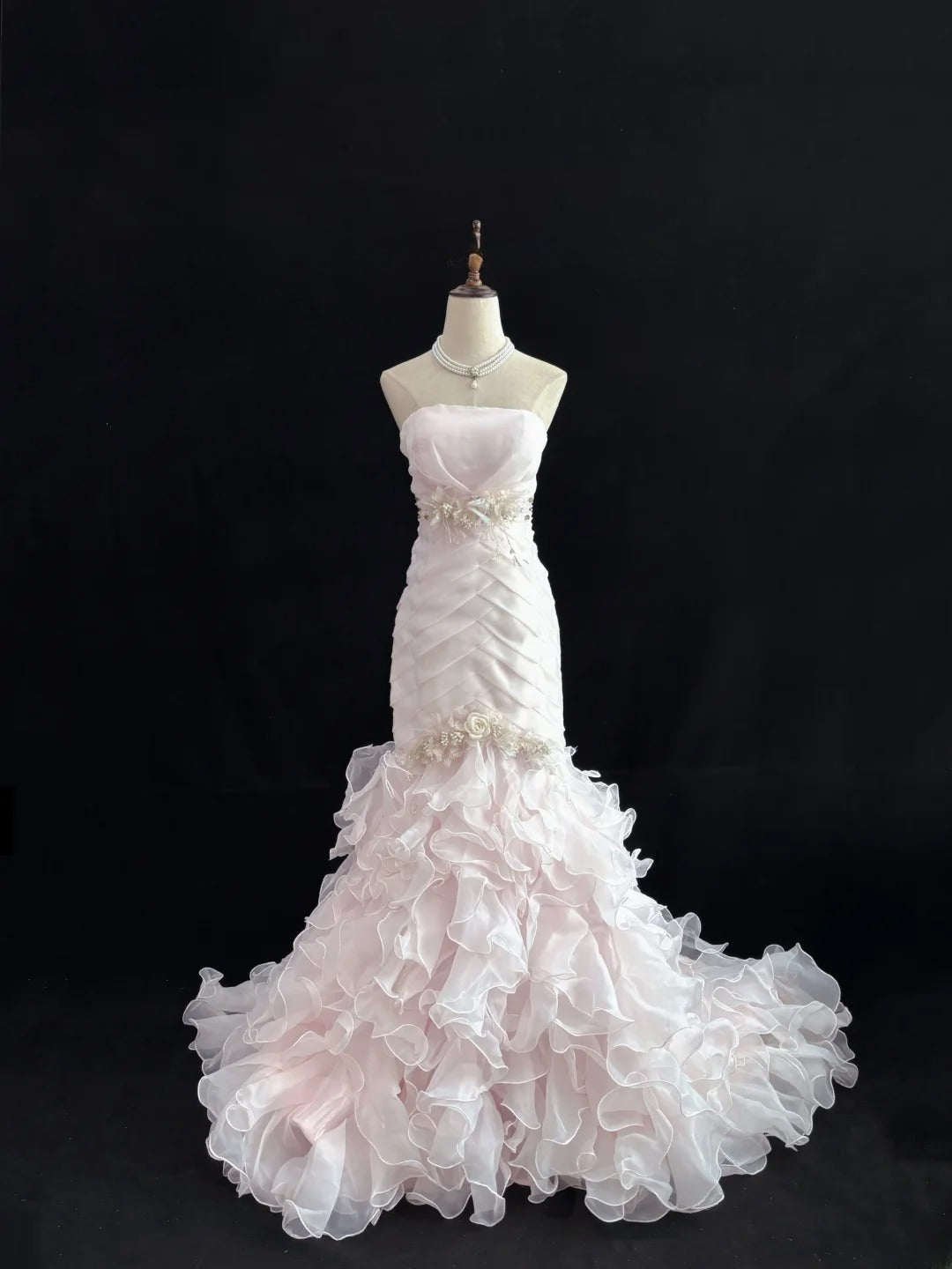 Modest Mermaid Strapless Pink With 3D Flowers Tiered Long Prom Dress Formal Outfits Evening Night Dresses RB7658
