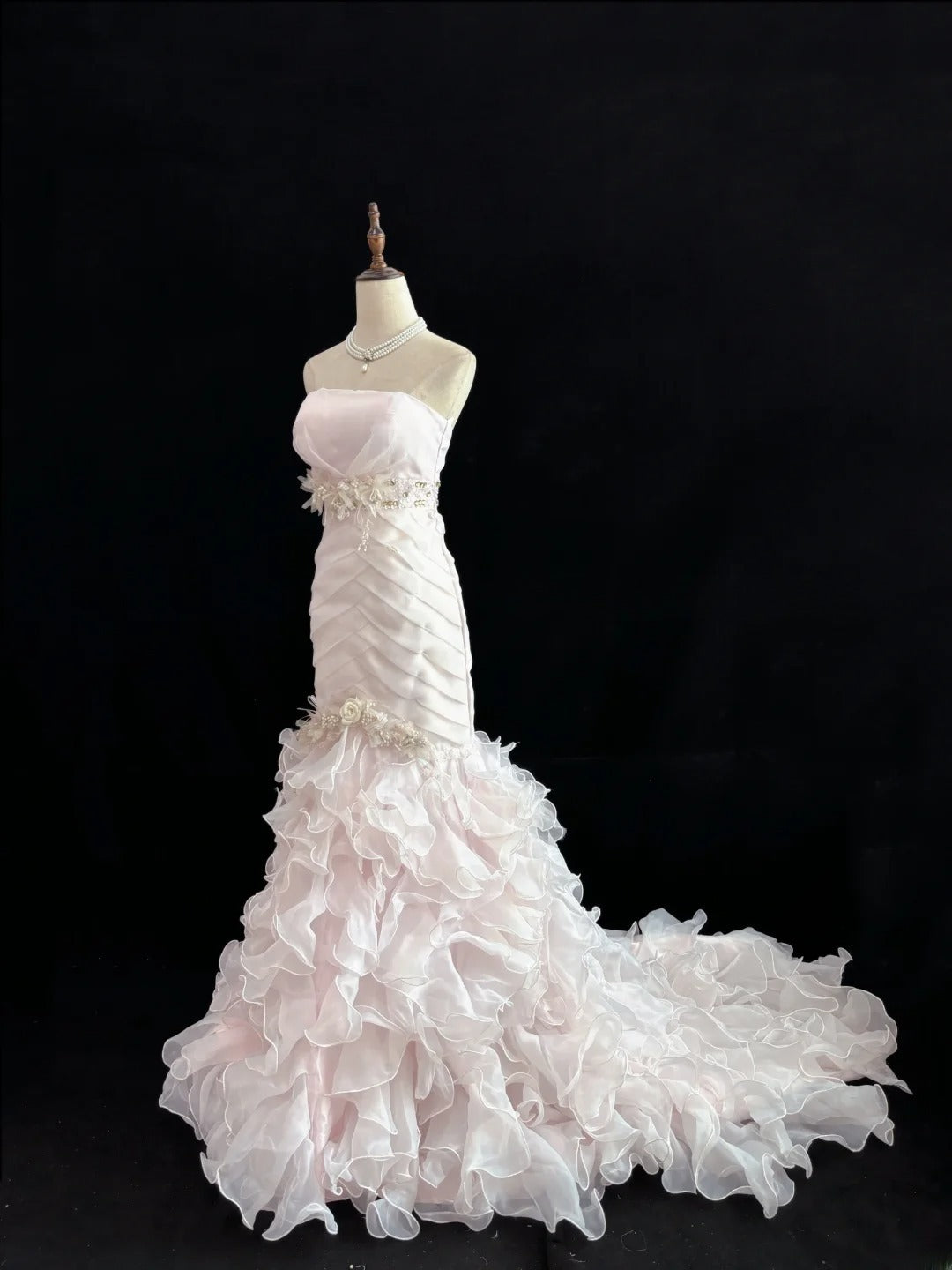 Modest Mermaid Strapless Pink With 3D Flowers Tiered Long Prom Dress Formal Outfits Evening Night Dresses RB7658