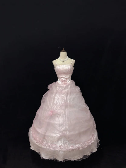 Classy Ball Gowns Straps Pink Poofy Long With Appliued Lace Quince Dress Sweet 16 inspo Quinceanera Dresses Vestidos De 15 anos RB7659