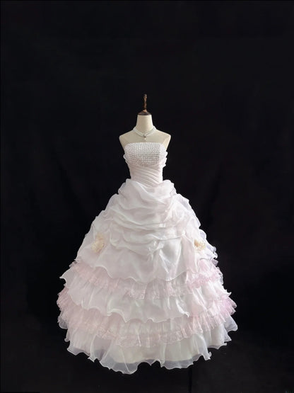 Classy Ball Gowns Strapless Pink Poofy Long With Pearls Quince Dress Sweet 16 inspo Quinceanera Dresses Vestidos De 15 anos RB7660